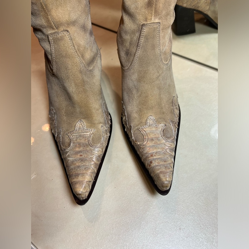 Janet & Janet Tan Leather studs & snake skin Distressed Boho Western Boots 36 - Picture 5 of 14